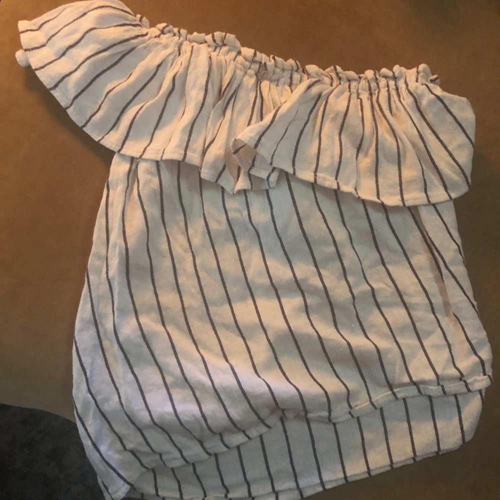 White and blue stripe off the shoulder shirt